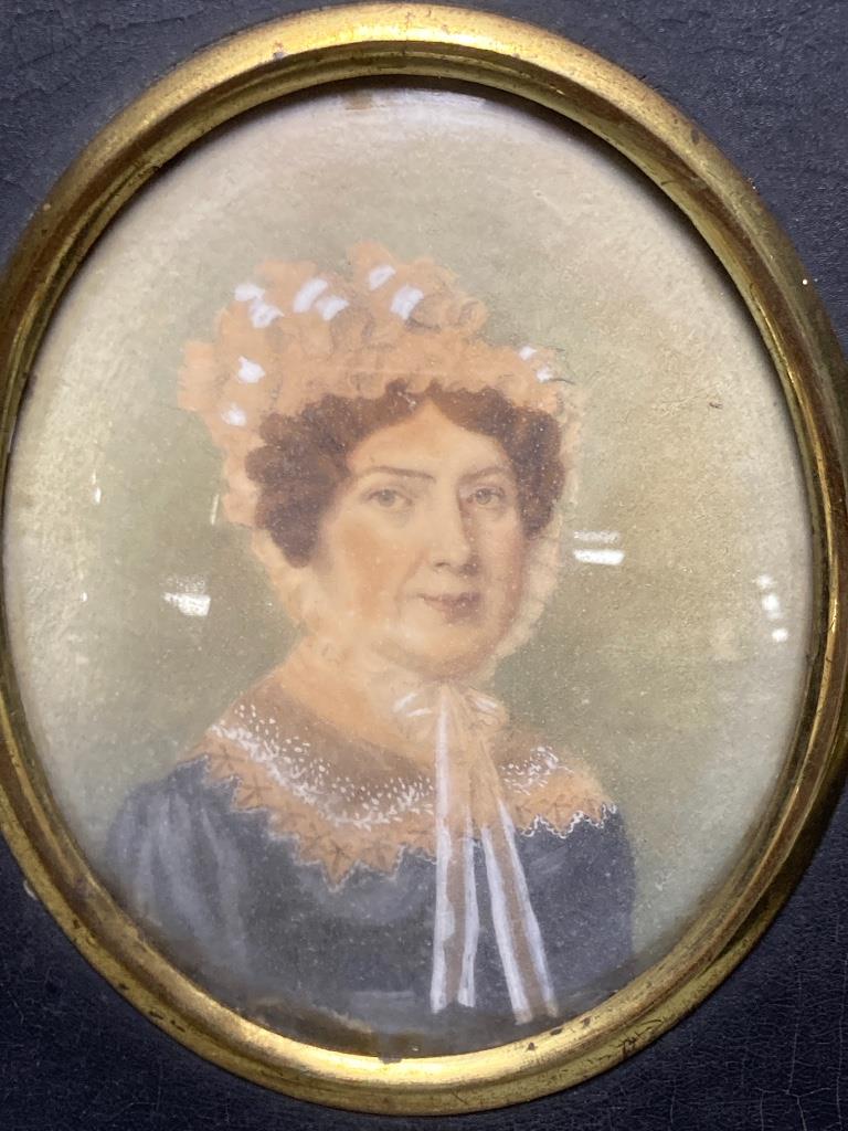 A late 18th century gesso profile portrait of a lady, framed, named verso ‘Haycraft. 1775’, together with an associated portrait miniature of a lady, titled verso ‘Grandmama Haycraft’ (Katherine Westbrook)